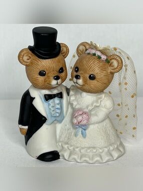 Vintage Homco #1424 Porcelain Teddy Bear Bride and Groom. 3.75" Tall. Wedding